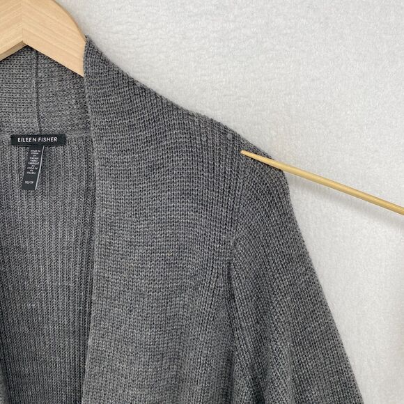 EILEEN FISHER Cardigan XS Extra Fine Merino Wool Rib Open Front Long Sleeve Gray - Picture 13 of 14